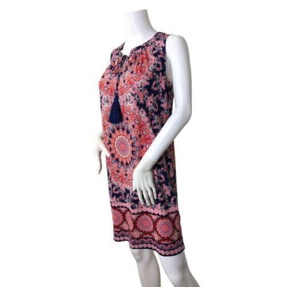 Chico’s Petite Floral Geo Print Dress Size 0 Small 4 Pink Blue Tassels Stretch - Picture 2 of 12